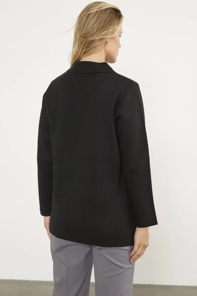 Cepli Gömlek Yaka Fermuarlı Triko Hırka - Siyah - 5