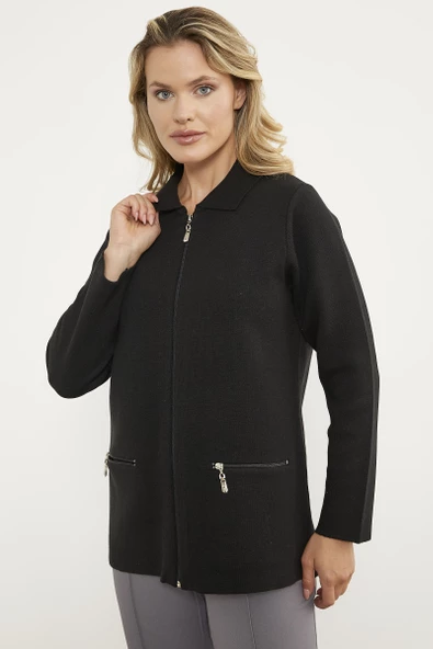 Cepli Gömlek Yaka Fermuarlı Triko Hırka - Siyah - 3