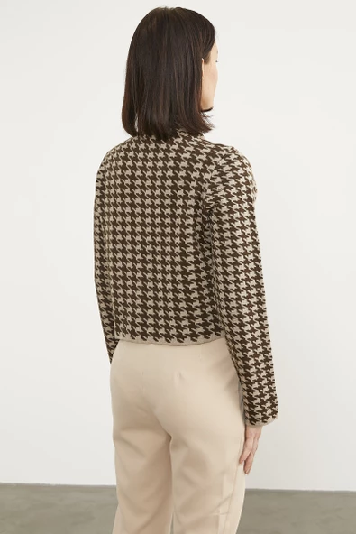 Kazayağı Desenli Dik Yaka Triko Hırka - Vizon - Resim 6