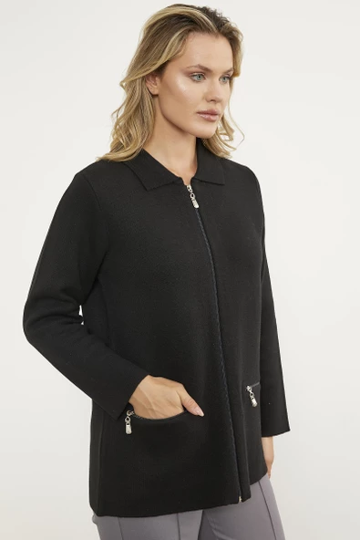 Cepli Gömlek Yaka Fermuarlı Triko Hırka - Siyah - 4