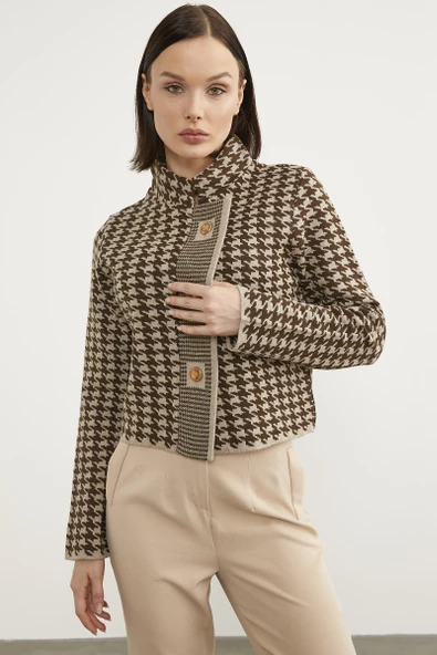 Kazayağı Desenli Dik Yaka Triko Hırka - Vizon - Resim 2