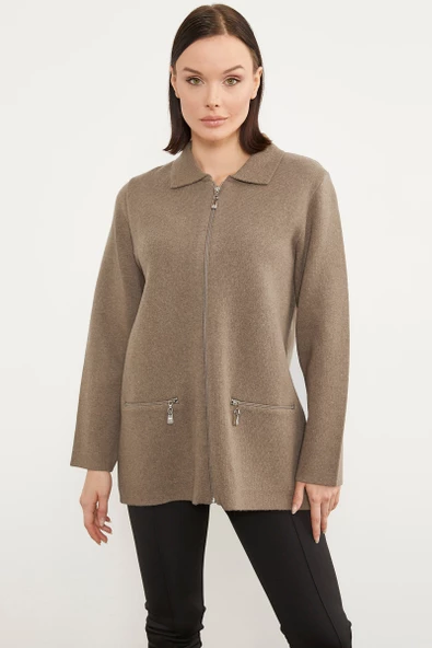Cepli Gömlek Yaka Fermuarlı Triko Hırka - Sütlü Kahve