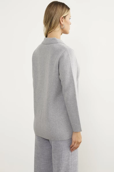 Cepli Gömlek Yaka Fermuarlı Triko Hırka - Açık Gri - 6