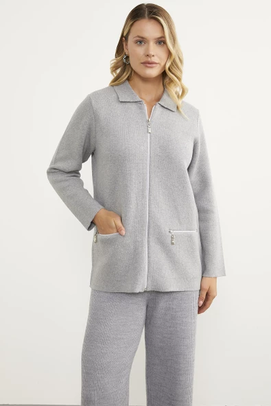 Cepli Gömlek Yaka Fermuarlı Triko Hırka - Açık Gri