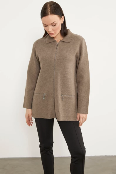 Cepli Gömlek Yaka Fermuarlı Triko Hırka - Sütlü Kahve - 2