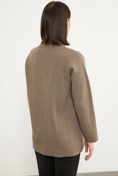 Cepli Gömlek Yaka Fermuarlı Triko Hırka - Sütlü Kahve - 4