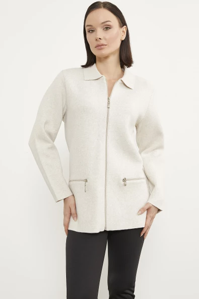 Cepli Gömlek Yaka Fermuarlı Triko Hırka - Açık Bej