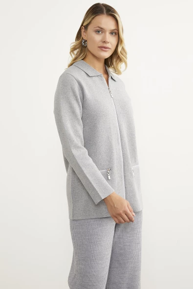 Cepli Gömlek Yaka Fermuarlı Triko Hırka - Açık Gri - 2