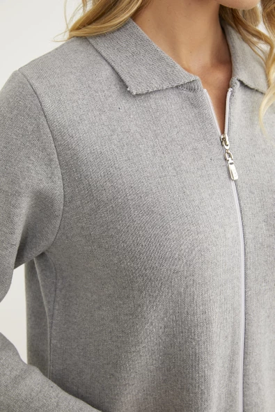 Cepli Gömlek Yaka Fermuarlı Triko Hırka - Açık Gri - 5