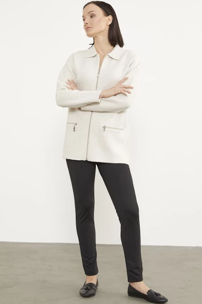 Cepli Gömlek Yaka Fermuarlı Triko Hırka - Açık Bej - 3