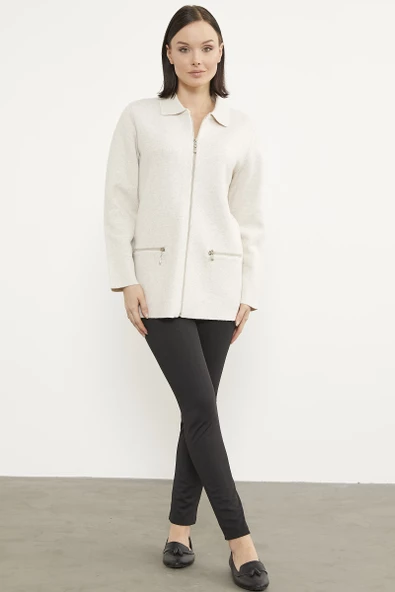 Cepli Gömlek Yaka Fermuarlı Triko Hırka - Açık Bej - 4