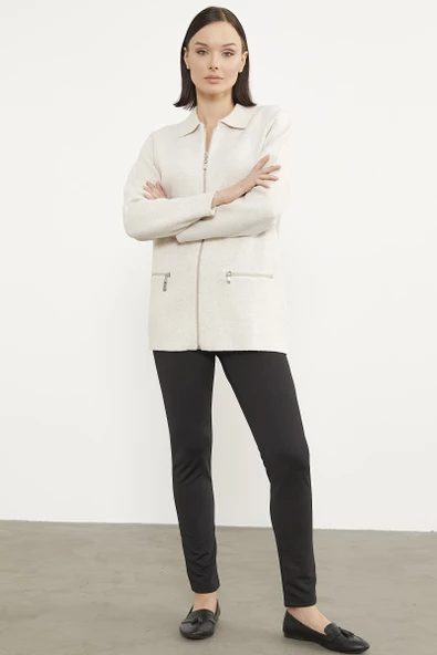 Cepli Gömlek Yaka Fermuarlı Triko Hırka - Açık Bej - 2