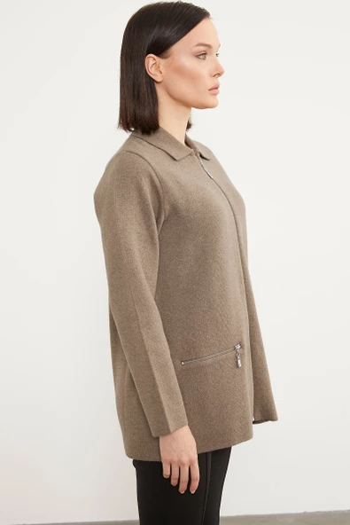 Cepli Gömlek Yaka Fermuarlı Triko Hırka - Sütlü Kahve - 3