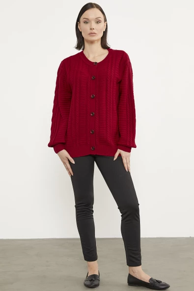 Sıfır Yaka Düğmeli Triko Hırka - Kırmızı ürün görseli