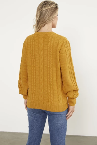 Sıfır Yaka Düğmeli Triko Hırka - Güneş - Resim 5