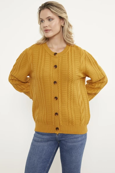Sıfır Yaka Düğmeli Triko Hırka - Güneş - Resim 3