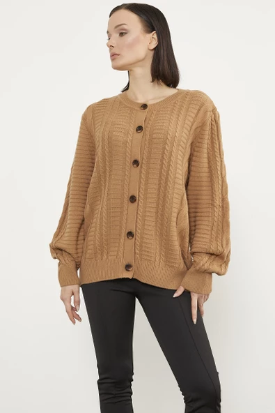 Sıfır Yaka Düğmeli Triko Hırka - Kamel - Resim 3