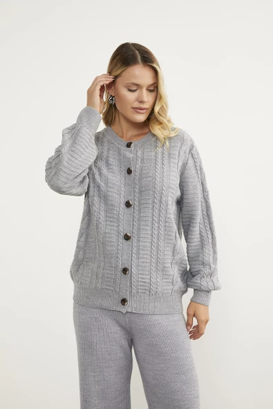 Sıfır Yaka Düğmeli Triko Hırka - Gri - Resim 3