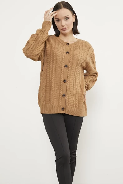 Sıfır Yaka Düğmeli Triko Hırka - Kamel - Resim 4