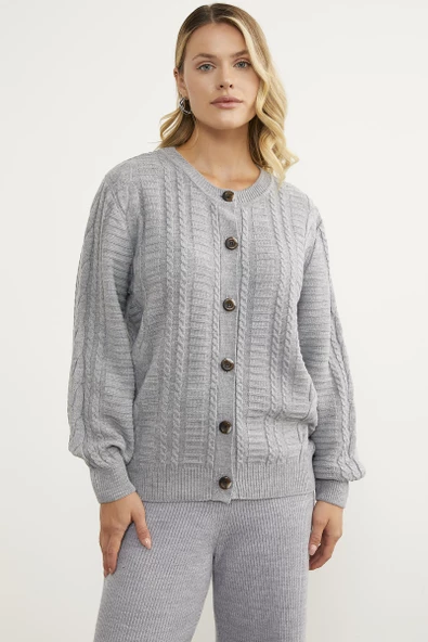 Sıfır Yaka Düğmeli Triko Hırka - Gri ürün görseli