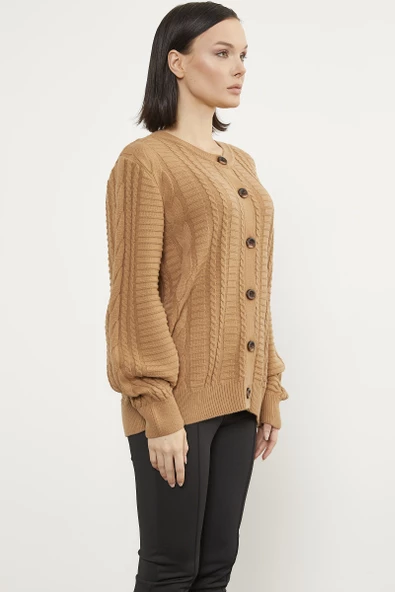 Sıfır Yaka Düğmeli Triko Hırka - Kamel - Resim 5