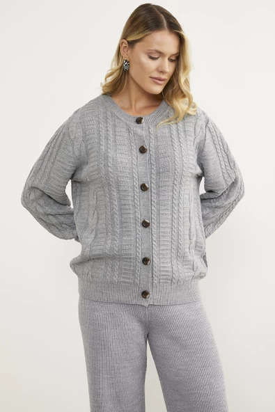 Sıfır Yaka Düğmeli Triko Hırka - Gri - Resim 4