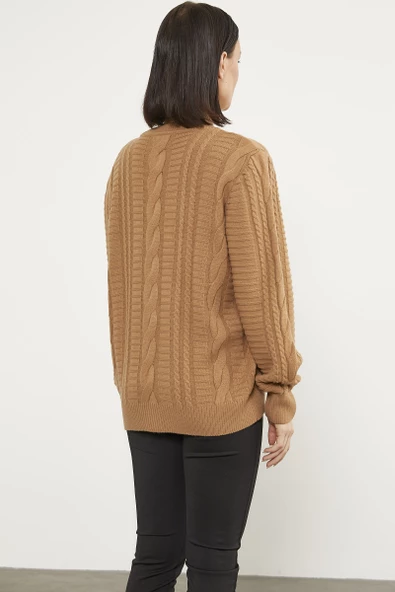 Sıfır Yaka Düğmeli Triko Hırka - Kamel - Resim 6