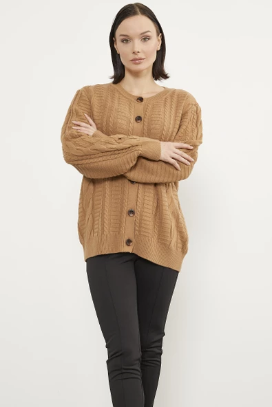 Sıfır Yaka Düğmeli Triko Hırka - Kamel - Resim 2
