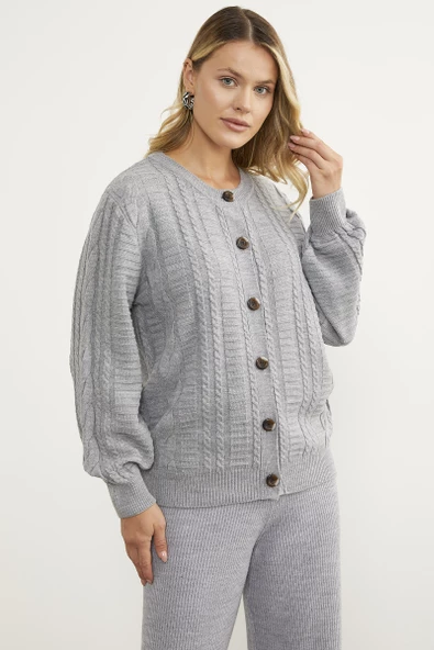 Sıfır Yaka Düğmeli Triko Hırka - Gri - Resim 2