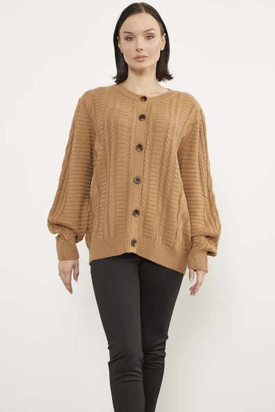 Sıfır Yaka Düğmeli Triko Hırka - Kamel ürün görseli