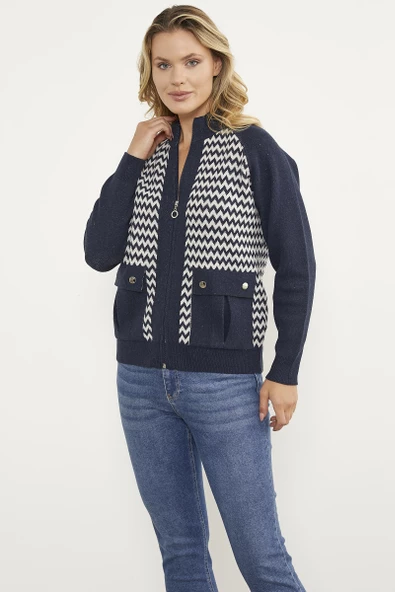 Zik Zak Desenli  Çift Renk Triko Ceket - Lacivert - Resim 3