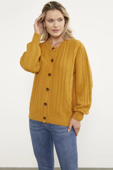 Sıfır Yaka Düğmeli Triko Hırka - Güneş - Resim 2