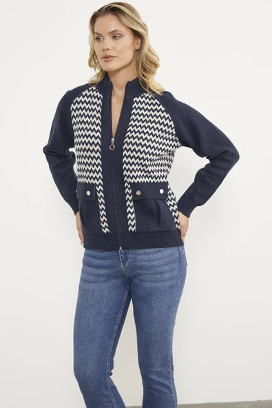 Zik Zak Desenli  Çift Renk Triko Ceket - Lacivert - Resim 2