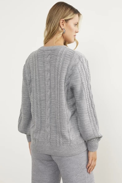 Sıfır Yaka Düğmeli Triko Hırka - Gri - Resim 6