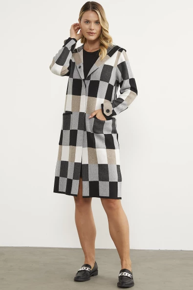 Blok Desenli Renkli Uzun Hırka - Siyah - Resim 3