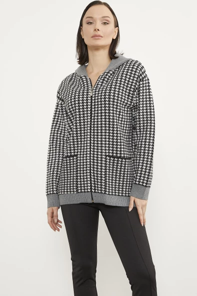 Kazayağı Desenli Cepli Triko Hırka - Siyah - Resim 4