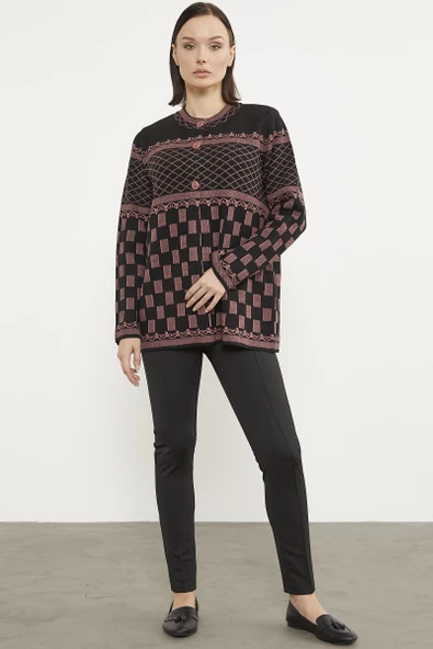 Dik Yaka Desenli Düğmeli Triko Hırka - Siyah - Resim 2