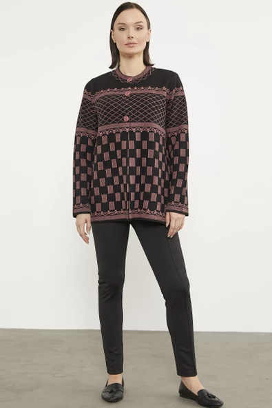 Dik Yaka Desenli Düğmeli Triko Hırka - Siyah - Resim 4