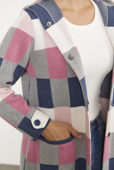 Blok Desenli Renkli Uzun Hırka - Indigo - 5