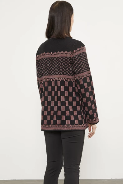 Dik Yaka Desenli Düğmeli Triko Hırka - Siyah - Resim 6