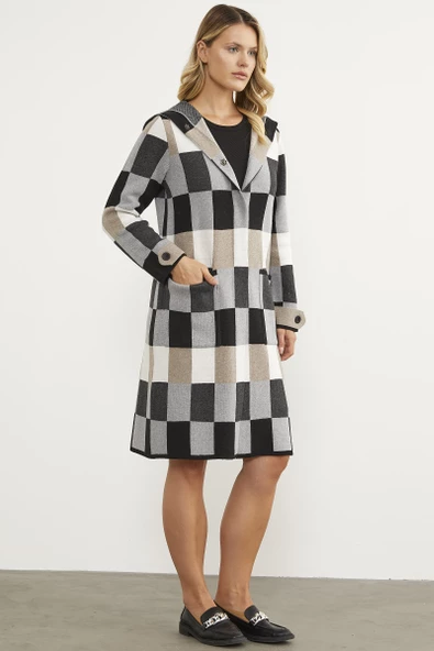 Blok Desenli Renkli Uzun Hırka - Siyah - Resim 2