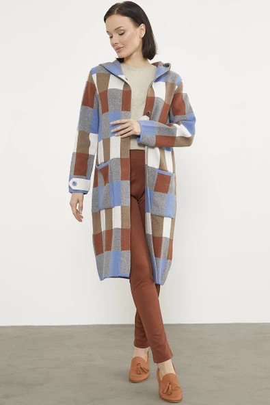 Blok Desenli Renkli Uzun Hırka - Mavi - Resim 4