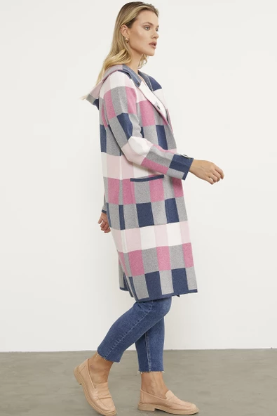 Blok Desenli Renkli Uzun Hırka - Indigo - 4