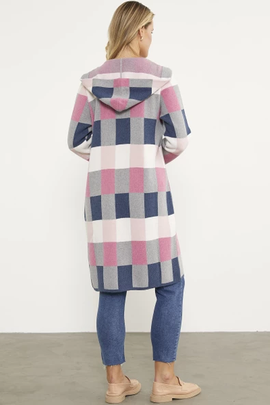 Blok Desenli Renkli Uzun Hırka - Indigo - 6