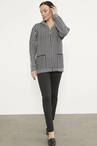 Kazayağı Desenli Cepli Triko Hırka - Siyah - Resim 3