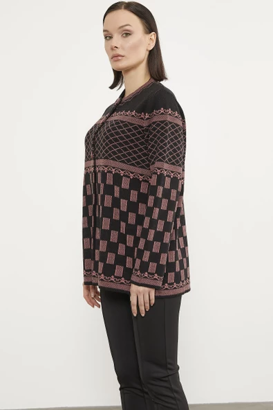 Dik Yaka Desenli Düğmeli Triko Hırka - Siyah - Resim 5