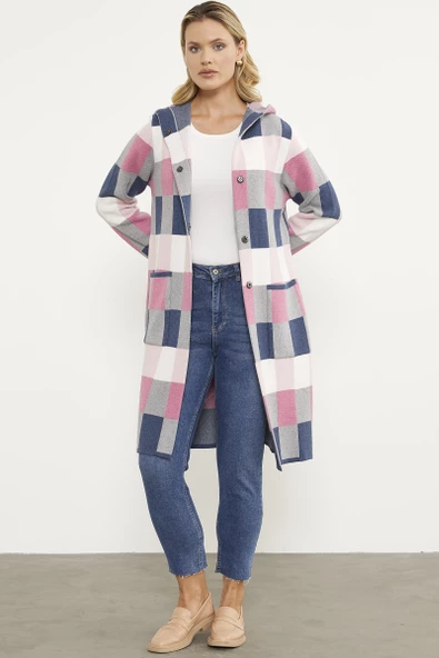 Blok Desenli Renkli Uzun Hırka - Indigo - 2