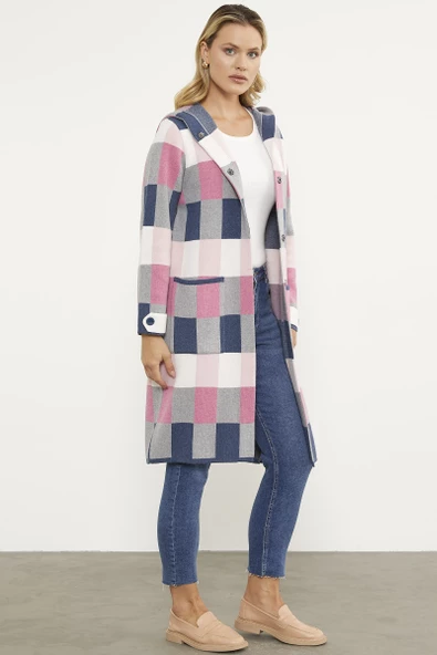 Blok Desenli Renkli Uzun Hırka - Indigo - 3