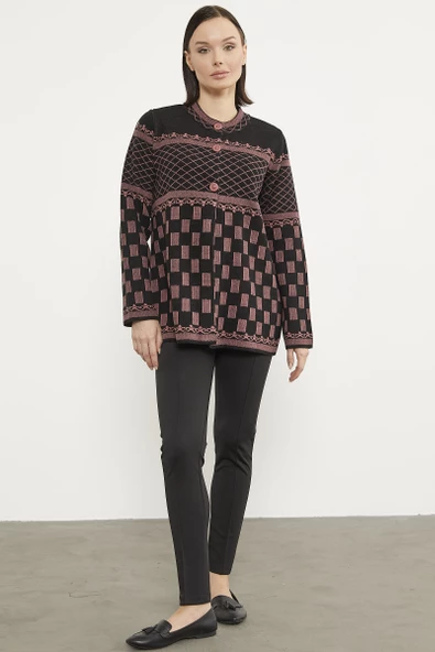 Dik Yaka Desenli Düğmeli Triko Hırka - Siyah - Resim 3