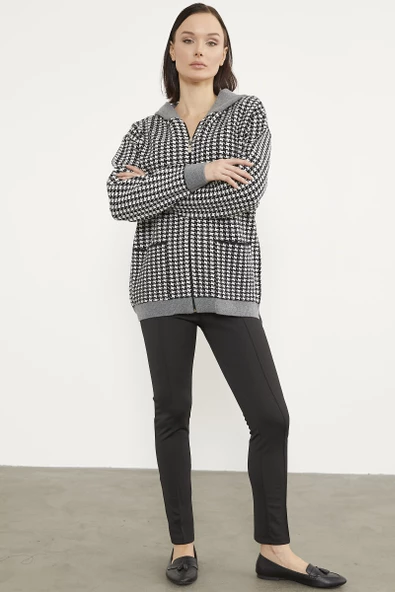 Kazayağı Desenli Cepli Triko Hırka - Siyah - Resim 2